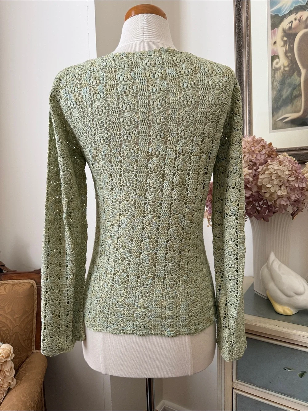 Light Sage/khaki Crochet Knit Long Sleeve Top